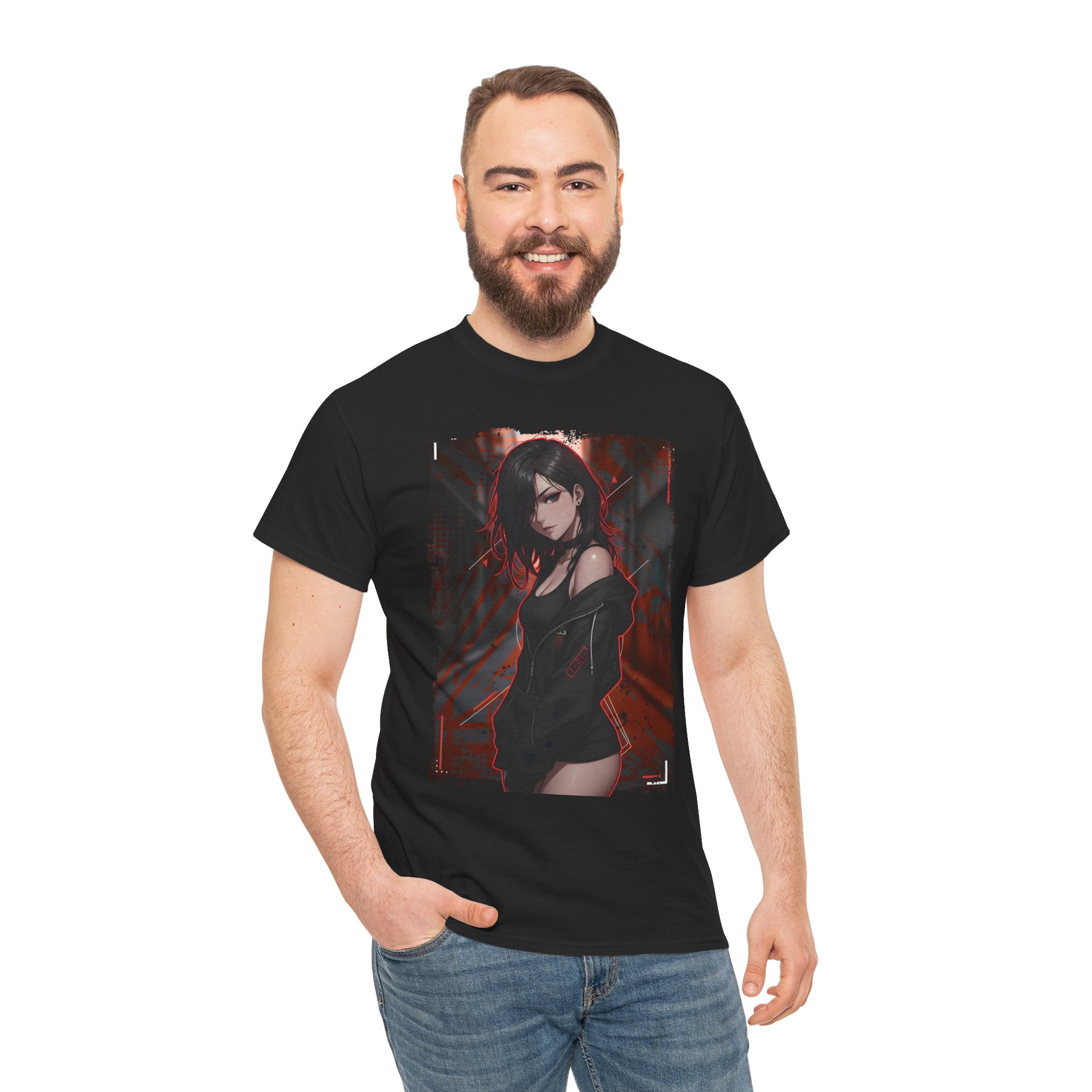 Anime Goth Girl Graphic Tee — Dark Red Neon City Aesthetic