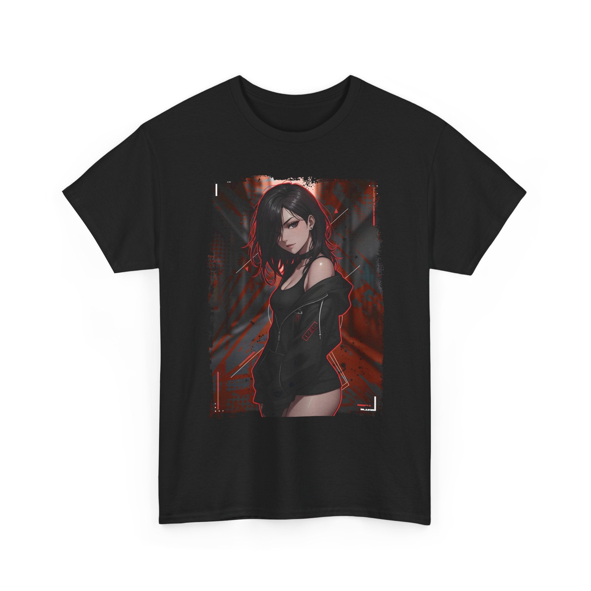 Anime Goth Girl Graphic Tee — Dark Red Neon City Aesthetic