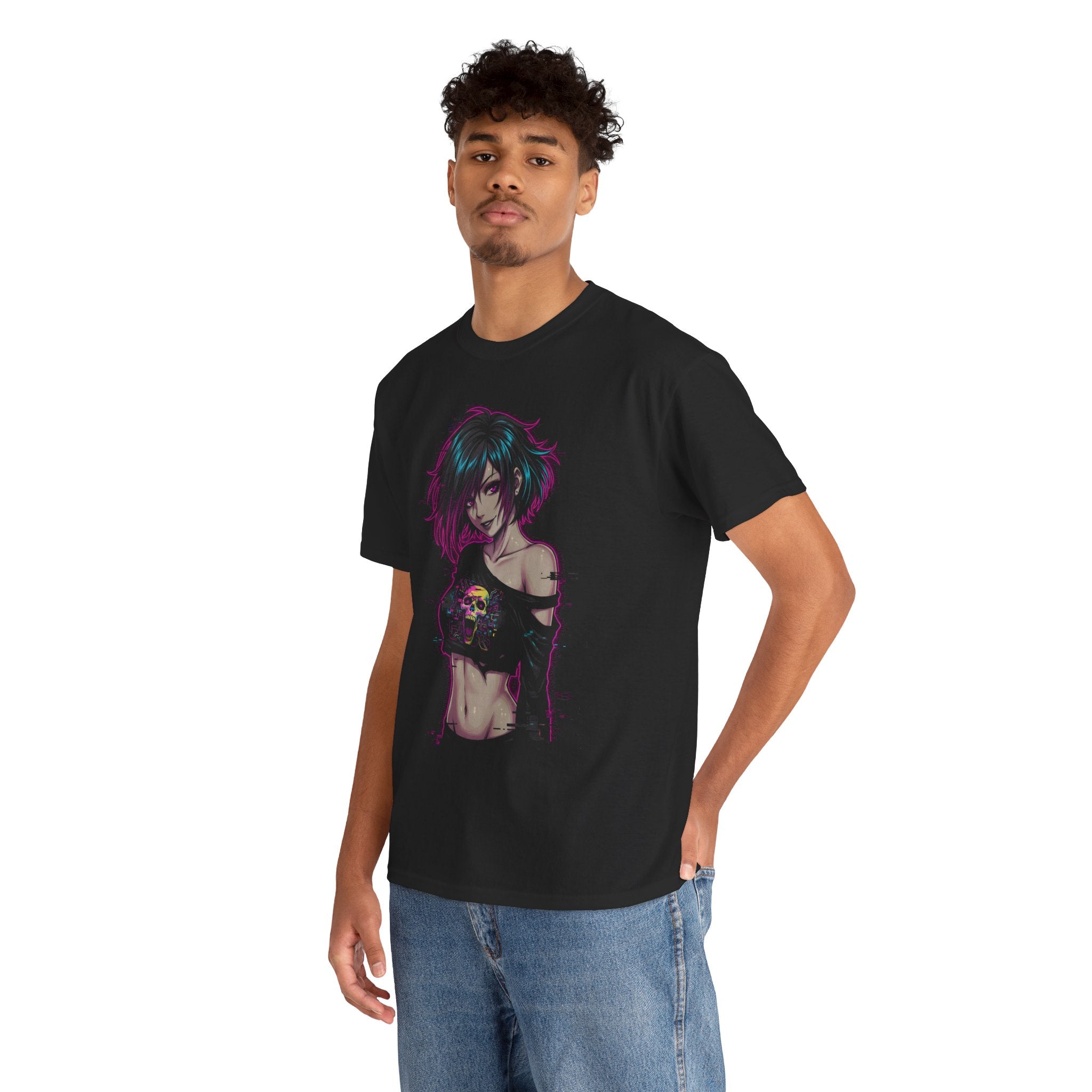 Anime Cyberpunk Girl T‑Shirt — Neon Goth Graphic Tee