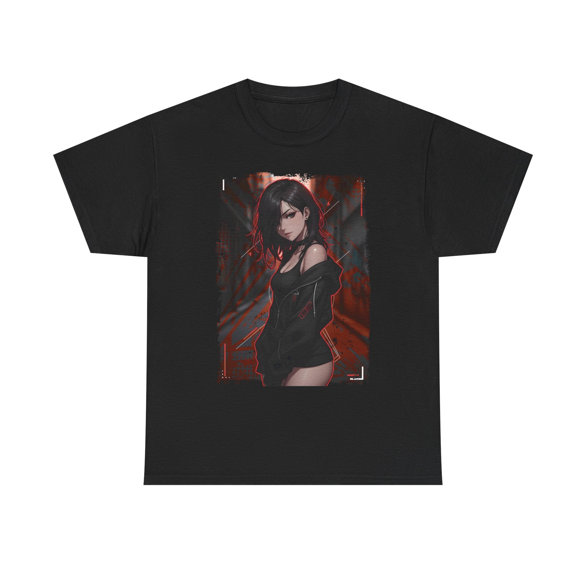 Anime Goth Girl Graphic Tee — Dark Red Neon City Aesthetic
