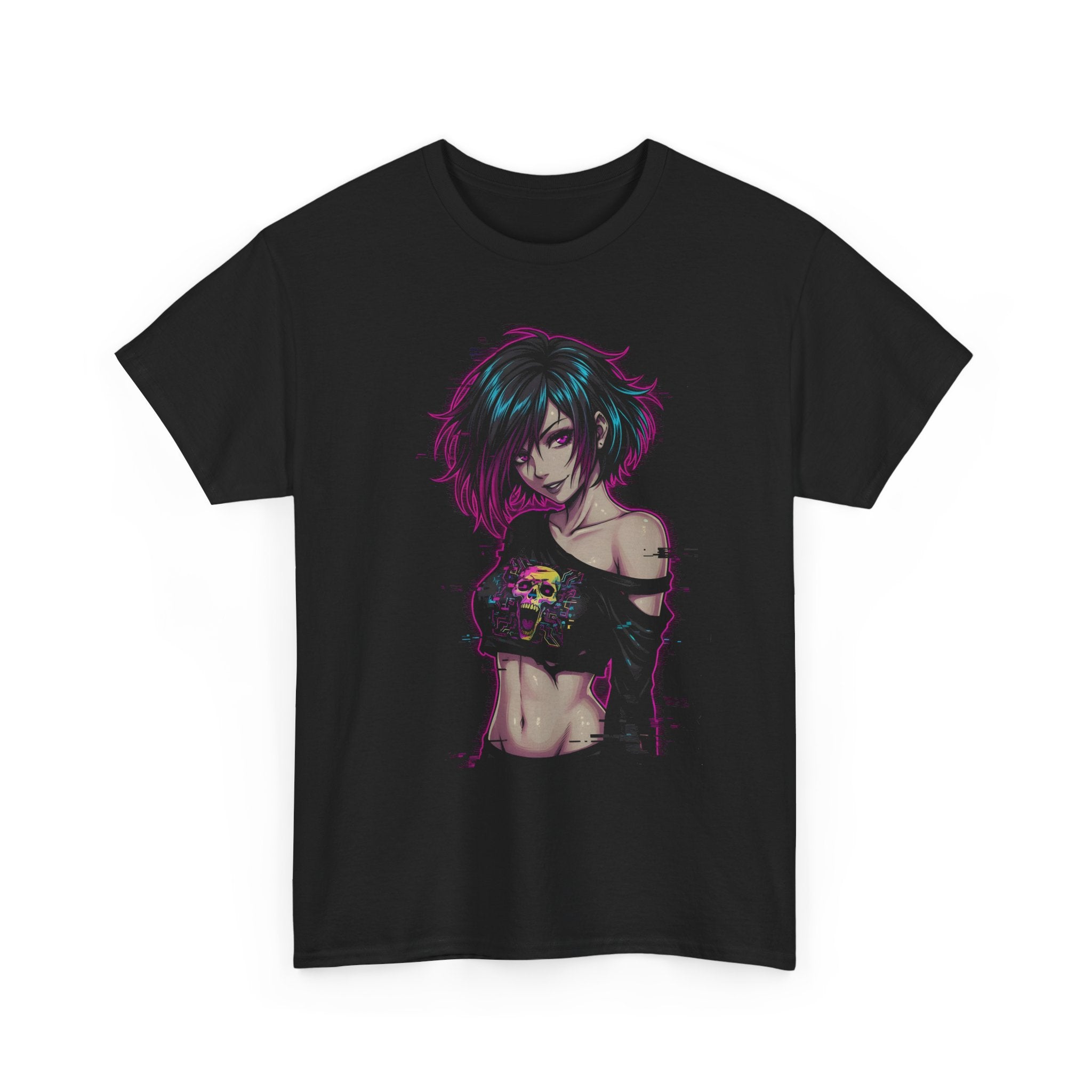 Anime Cyberpunk Girl T‑Shirt — Neon Goth Graphic Tee