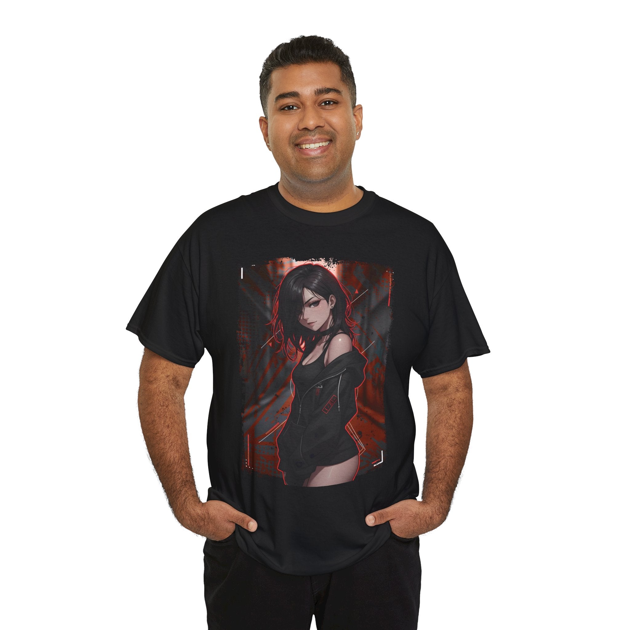 Anime Goth Girl Graphic Tee — Dark Red Neon City Aesthetic