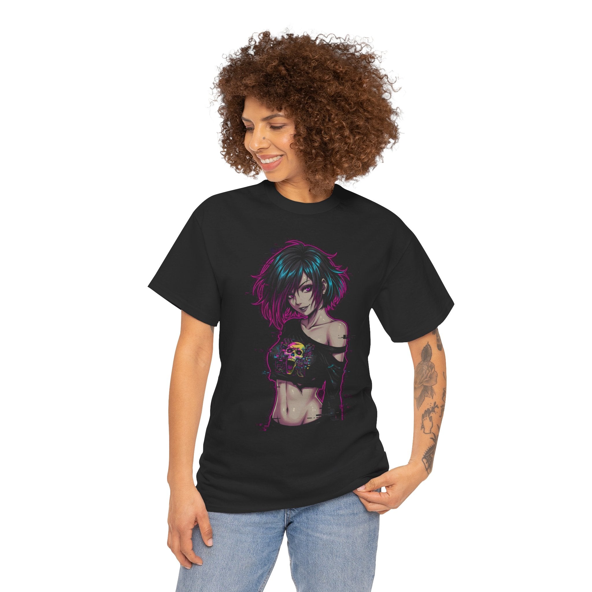 Anime Cyberpunk Girl T‑Shirt — Neon Goth Graphic Tee